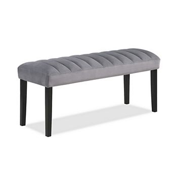 Marcus 46 Inch Dining Bench, Fabric Upholstery, Wood, Tufted, Gray, Black