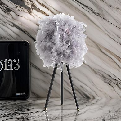 Rio 21 Inch Accent Table Lamp, Gray Feather Shade, Black Metal Tripod Base