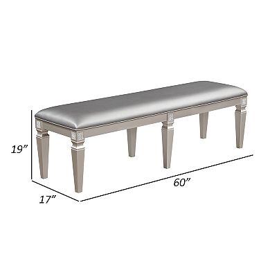 Scott 60 Inch Dining Bench, Sparkling Silver Gray Faux Leather, Wood Frame