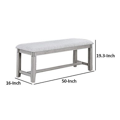 Peter 50 Inch Dining Bench, Fabric Upholstery, Cushioned, Driftwood Gray