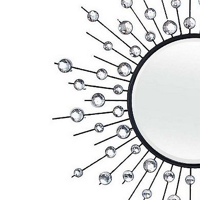 32 Inch Wall Decor, Round Mirror, Sunburst Style, Metal, Black, Silver