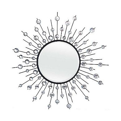 32 Inch Wall Decor, Round Mirror, Sunburst Style, Metal, Black, Silver