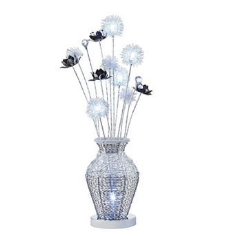 32 Inch Accent Table Lamp, Metal Flowers With Vase Design, Chrome Finish