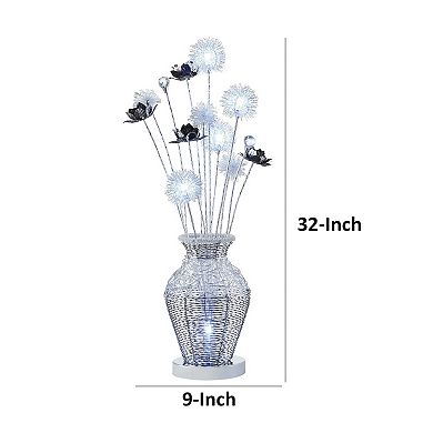 32 Inch Accent Table Lamp, Metal Flowers With Vase Design, Chrome Finish