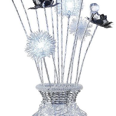 32 Inch Accent Table Lamp, Metal Flowers With Vase Design, Chrome Finish