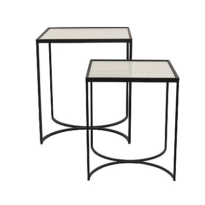 24 Inch Plant Stands Set Of 2, White Marble Top, Minimalist Black Frame