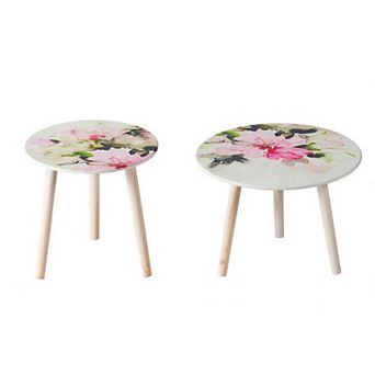 Byle 16, 20 Inch Side Table Set Of 2, Floral Design, Pink And White
