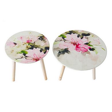 Byle 16, 20 Inch Side Table Set Of 2, Floral Design, Pink And White