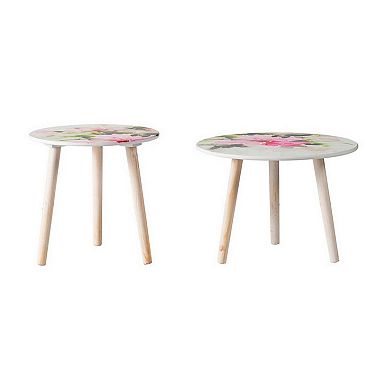 Byle 16, 20 Inch Side Table Set Of 2, Floral Design, Pink And White