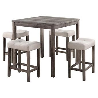 5 pc Counter Height Table Set With 4 Stools, Beige Fabric, Gray Wood