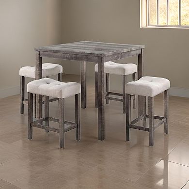 5 Piece Counter Height Table Set With 4 Stools, Beige Fabric, Gray Wood