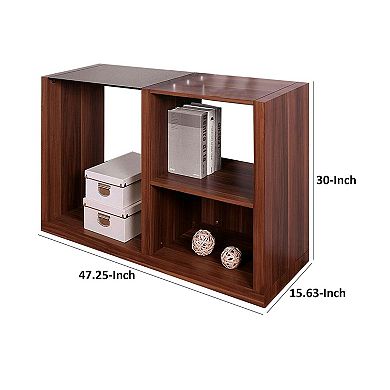 Bere 47 Inch Sofa Table With Black Glass Top, Open Shelves, Brown Wood