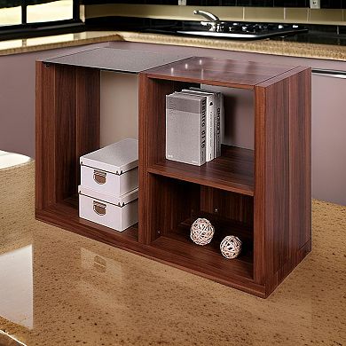 Bere 47 Inch Sofa Table With Black Glass Top, Open Shelves, Brown Wood