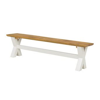 70 Inch Dining Bench, White X Leg Trestle Base, Acacia Wood, Brown Seat
