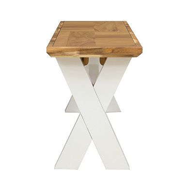 70 Inch Dining Bench, White X Leg Trestle Base, Acacia Wood, Brown Seat