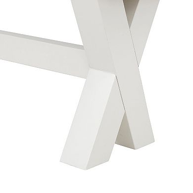 70 Inch Dining Bench, White X Leg Trestle Base, Acacia Wood, Brown Seat