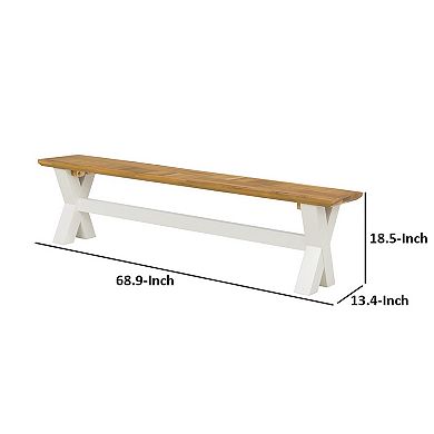 70 Inch Dining Bench, White X Leg Trestle Base, Acacia Wood, Brown Seat