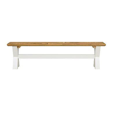 70 Inch Dining Bench, White X Leg Trestle Base, Acacia Wood, Brown Seat