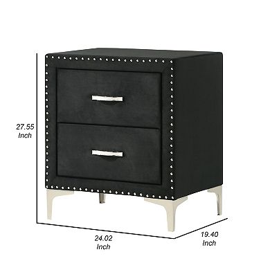 Moha 28 Inch Nightstand, Wood, 2 Drawers, Metal Handles, Black Velvet