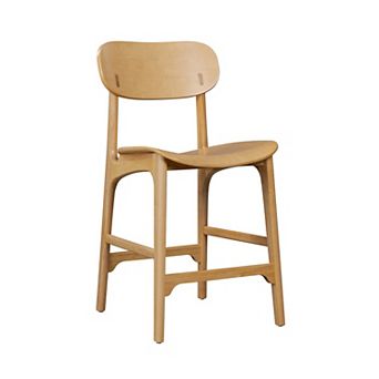 Seln 24 Inch Counter Stool Chair, Curved Seat, Open Back, Light Brown Wood