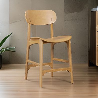 Seln 24 Inch Counter Stool Chair, Curved Seat, Open Back, Light Brown Wood