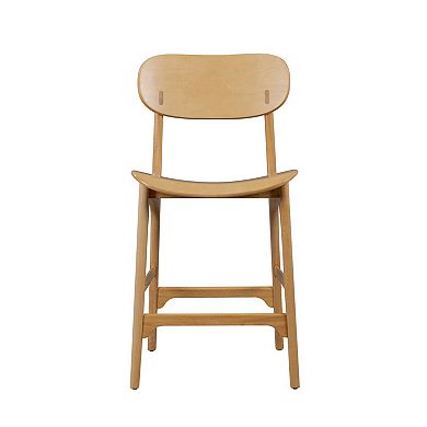 Seln 24 Inch Counter Stool Chair, Curved Seat, Open Back, Light Brown Wood