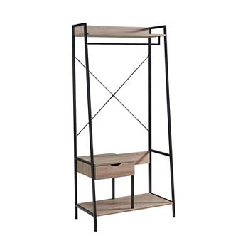 Bery 71 Inch Clothing Rack, 1 Drawer, Hanging Rod, Open Shelf, Taupe, Black