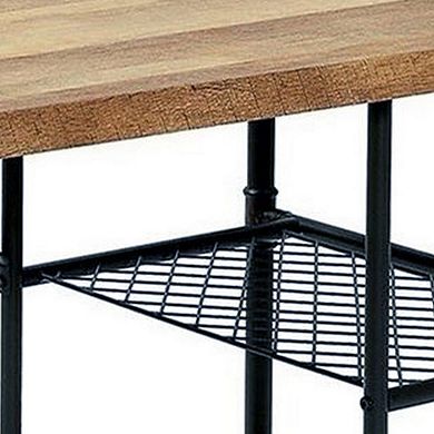 47 Inch Writing Desk, Industrial Caster Wheel, Black Metal, Brown Wood