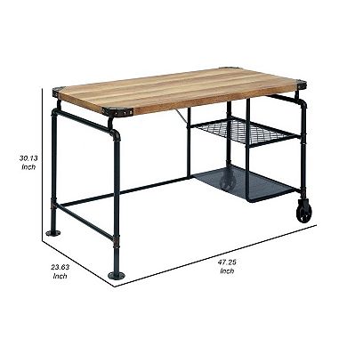 47 Inch Writing Desk, Industrial Caster Wheel, Black Metal, Brown Wood