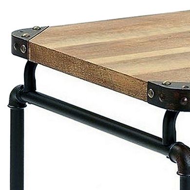47 Inch Writing Desk, Industrial Caster Wheel, Black Metal, Brown Wood
