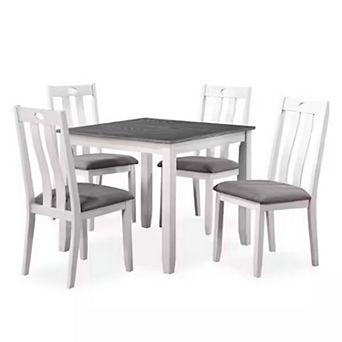 Helio 5 pc Dining Table And Chairs Set, White Wood, Gray Fabric Seats