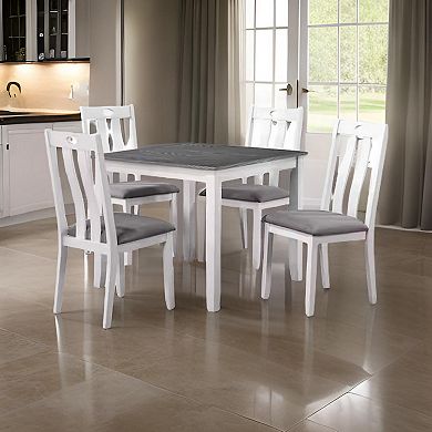 Helio 5 Piece Dining Table And Chairs Set, White Wood, Gray Fabric Seats