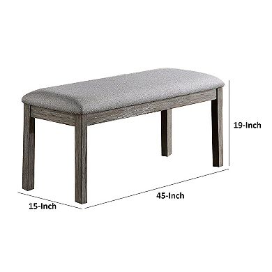 Lais 45 Inch Dining Bench, Wired Brushed Gray Wood, Gray Fabric Padded Seat