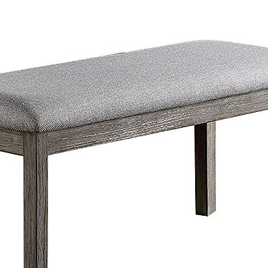 Lais 45 Inch Dining Bench, Wired Brushed Gray Wood, Gray Fabric Padded Seat