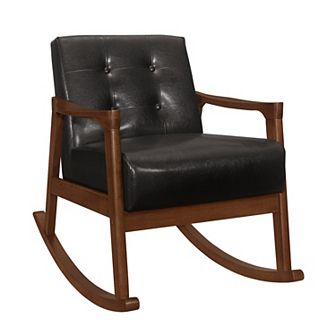 Ciao 37 Inch Rocking Chair Armchair, Dark Brown Faux Leather, Solid Wood