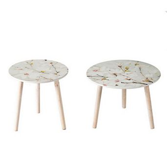 Byle 16, 20 Inch Side Table Set Of 2, Floral Design, Cherry Blossom, White
