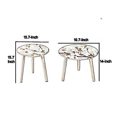 Byle 16, 20 Inch Side Table Set Of 2, Floral Design, Cherry Blossom, White