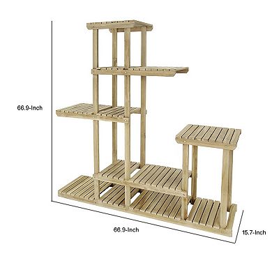 67 Inch Flower, Plant Stand, Multi Tier Shelf Design, Natural Teak Wood