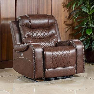 Paul 38 Inch Power Swivel Glider Recliner Chair, Usb, Brown Faux Leather