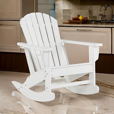 Benjara BM315949 35 in. Sami Outdoor Rocking Chair with Slatted Design Modern White
