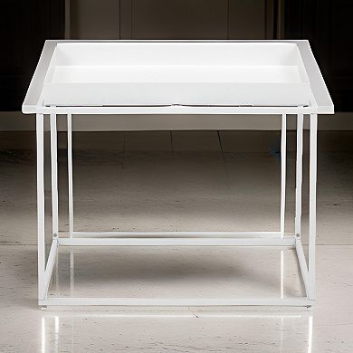 Bixy 24 Inch Side End Table, White Tray Top, Open Cubic Metal Frame