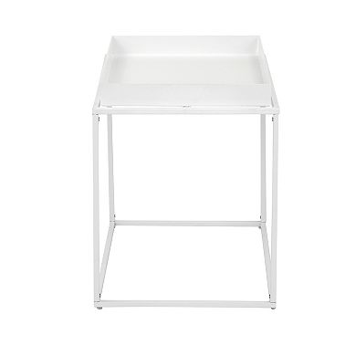 Bixy 24 Inch Side End Table, White Tray Top, Open Cubic Metal Frame