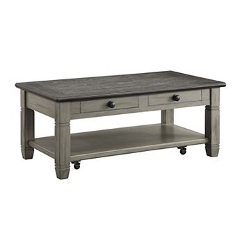 Rome 48 Inch Cocktail Table, 2 Drawers, Casters, Brown And Gray Solid Wood