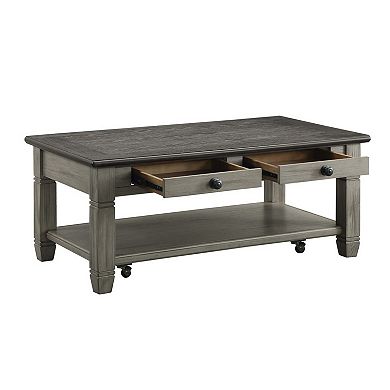 Rome 48 Inch Cocktail Table, 2 Drawers, Casters, Brown And Gray Solid Wood