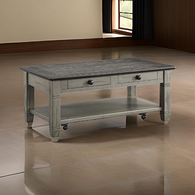 Rome 48 Inch Cocktail Table, 2 Drawers, Casters, Brown And Gray Solid Wood