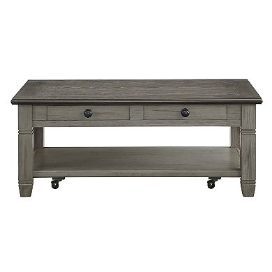Rome 48 Inch Cocktail Table, 2 Drawers, Casters, Brown And Gray Solid Wood