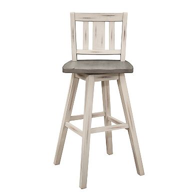 Ati 29 Inch Bar Height Stool Swivel Chairs Set Of 2, Vertical Slat Back, Gray, White
