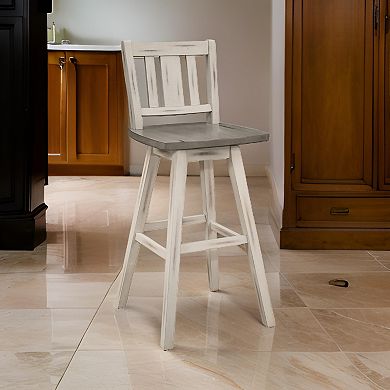 Ati 29 Inch Bar Height Stool Swivel Chairs Set Of 2, Vertical Slat Back, Gray, White