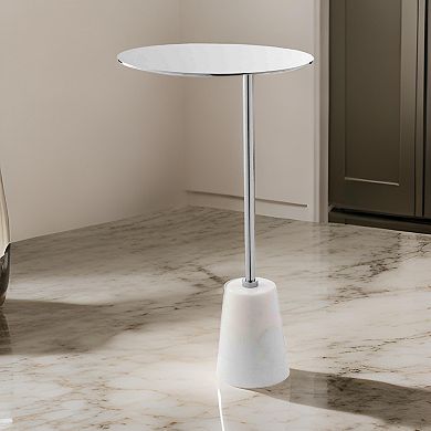 Frank 12 Inch Drink Side End Table, Chrome Top, White Marble Solid Base