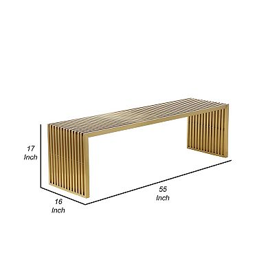 Niki 55 Inch Accent Bench, Slatted, Rectangular, Luxurious Brushed Gold